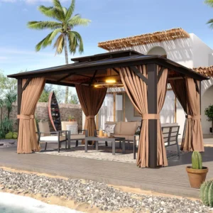 10'x12' Hardtop Gazebo, Aluminum Frame Permanent Pavilion with Curtains and Netting, Outdoor Polycarbonate Double Roof, Custom