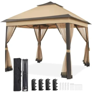 11x11 Pop Up Gazebo Canopy Instant Sun Shade Tent 4 Sandbags 2 Tier Roof Mesh Netting Lawn Garden Deck, Custom