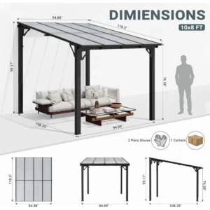 10'x8' Wall-Mounted Lean-To Gazebo, Aluminum Frame & Polycarbonate Hardtop with Sloped Roof, Outdoor Patio Pergola, Customized