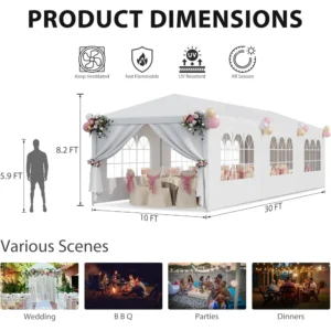 10x30 Party Tent Outdoor Canopy Tents for Parties with 8 Removable Sidewalls Heavy Duty Waterproof Gazebo Shelter for BBQ, Wedd