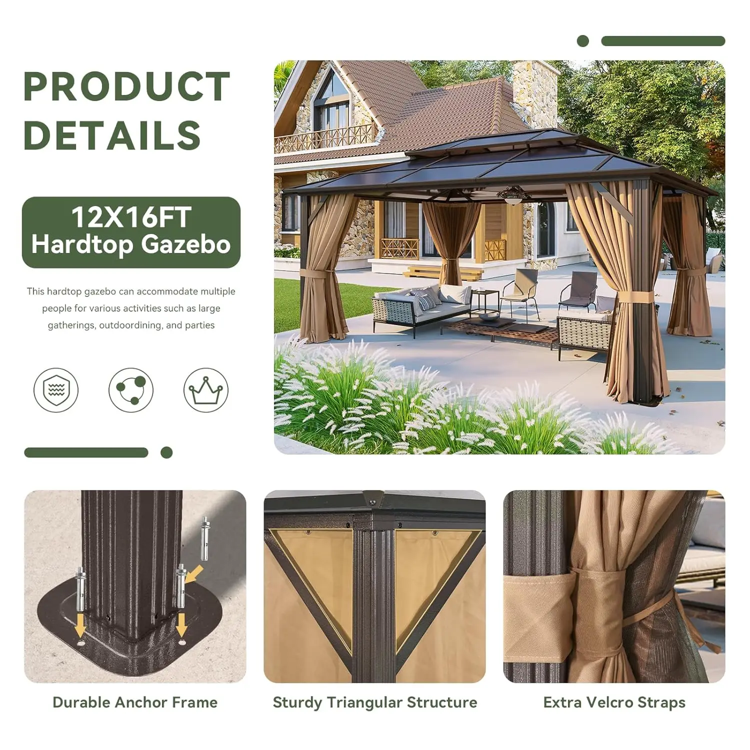 Aluminum Frame Hardtop Gazebo with Curtains & Netting Polycarbonate Double Roof for Garden Lawn Patio, Custom - Image 14
