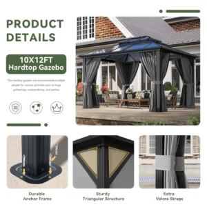 10'x12' Hardtop Gazebo, Aluminum Frame Permanent Pavilion with Curtains and Netting, Outdoor Polycarbonate Double Roof, Custom