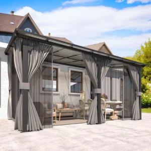 14' x 10' Gazebo for Patio, Hard Top Lean to Gazebo Pergola with Curtains and Mosquito Netting, Large Wall-Mounted, Customized