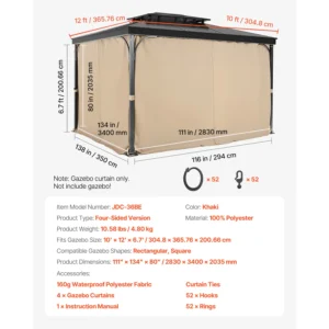 SucceBuy Gazebo Curtains 4-Panel Sidewall Gazebo Privacy Curtains with Zippers Universal Sunshade Curtains Replacement for Patio