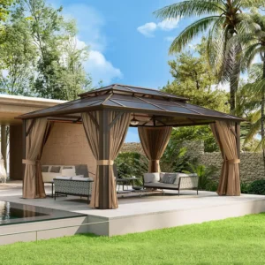 Aluminum Frame Hardtop Gazebo with Curtains & Netting Polycarbonate Double Roof for Garden Lawn Patio, Custom