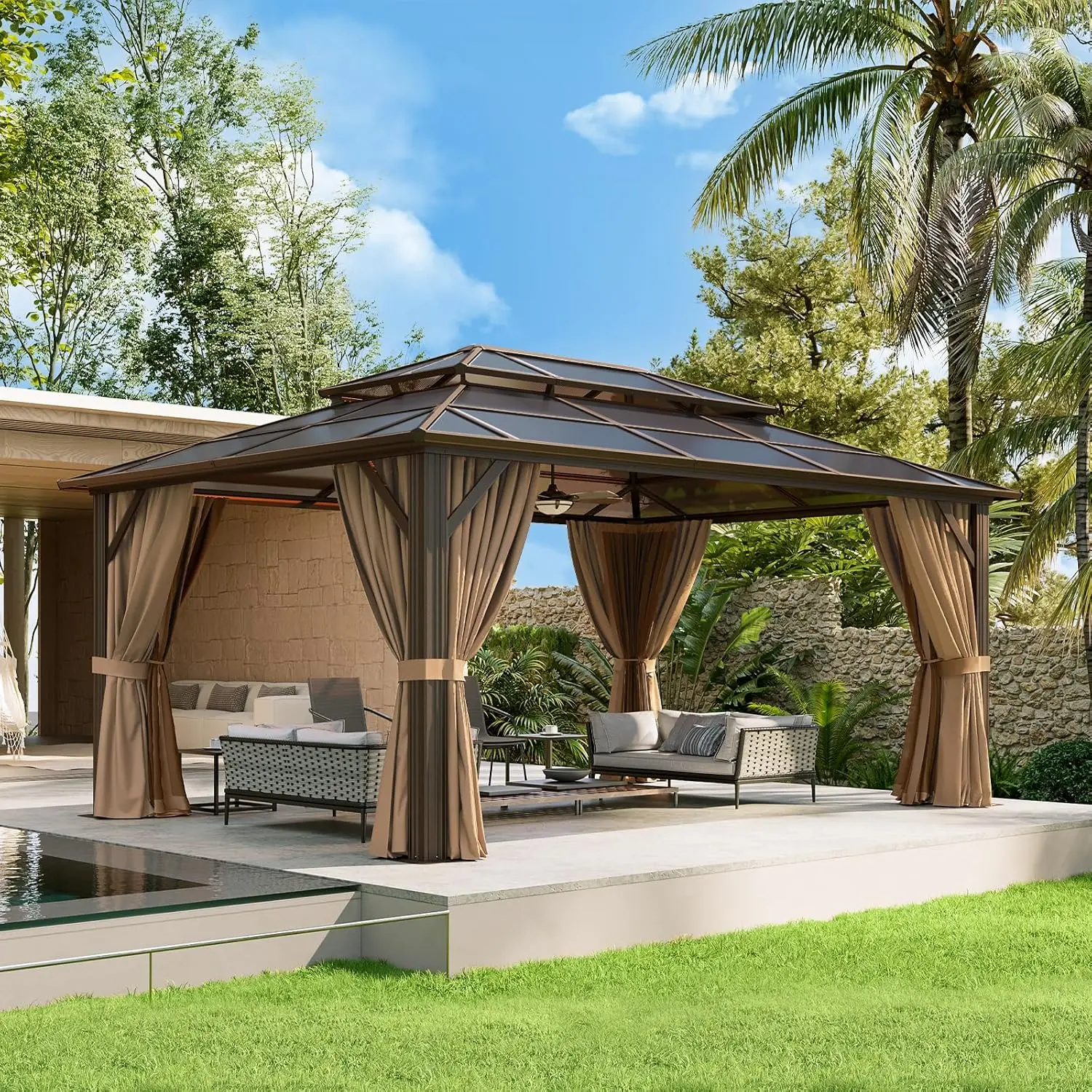 Aluminum Frame Hardtop Gazebo with Curtains & Netting Polycarbonate Double Roof for Garden Lawn Patio, Custom - Image 11