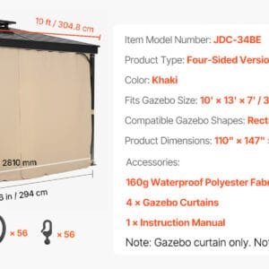 SucceBuy Gazebo Curtains 4-Panel Sidewall Gazebo Privacy Curtains with Zippers Universal Sunshade Curtains Replacement for Patio