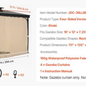 SucceBuy Gazebo Curtains 4-Panel Sidewall Gazebo Privacy Curtains with Zippers Universal Sunshade Curtains Replacement for Patio