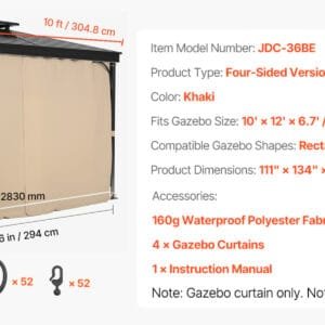 SucceBuy Gazebo Curtains 4-Panel Sidewall Gazebo Privacy Curtains with Zippers Universal Sunshade Curtains Replacement for Patio