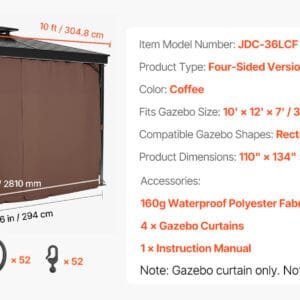 SucceBuy Gazebo Curtains 4-Panel Sidewall Gazebo Privacy Curtains with Zippers Universal Sunshade Curtains Replacement for Patio