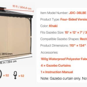 SucceBuy Gazebo Curtains 4-Panel Sidewall Gazebo Privacy Curtains with Zippers Universal Sunshade Curtains Replacement for Patio