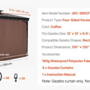 SucceBuy Gazebo Curtains 4-Panel Sidewall Gazebo Privacy Curtains with Zippers Universal Sunshade Curtains Replacement for Patio