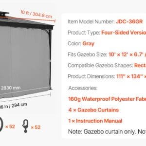 SucceBuy Gazebo Curtains 4-Panel Sidewall Gazebo Privacy Curtains with Zippers Universal Sunshade Curtains Replacement for Patio