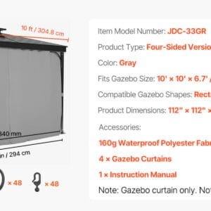 SucceBuy Gazebo Curtains 4-Panel Sidewall Gazebo Privacy Curtains with Zippers Universal Sunshade Curtains Replacement for Patio