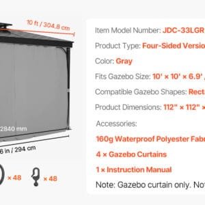 SucceBuy Gazebo Curtains 4-Panel Sidewall Gazebo Privacy Curtains with Zippers Universal Sunshade Curtains Replacement for Patio