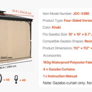 SucceBuy Gazebo Curtains 4-Panel Sidewall Gazebo Privacy Curtains with Zippers Universal Sunshade Curtains Replacement for Patio