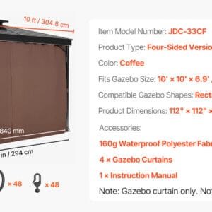 SucceBuy Gazebo Curtains 4-Panel Sidewall Gazebo Privacy Curtains with Zippers Universal Sunshade Curtains Replacement for Patio